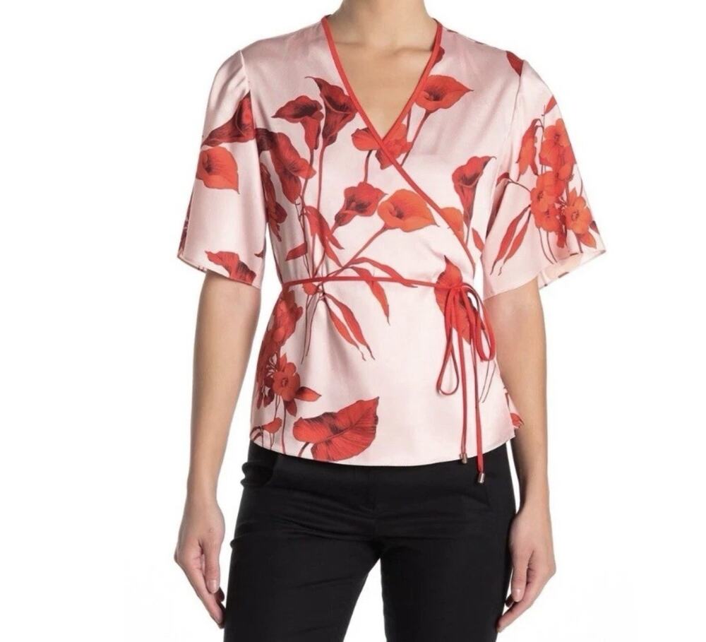 Ted Baker Melonyy Fantasia Wrap Top Pink Red Floral $209 Size 2